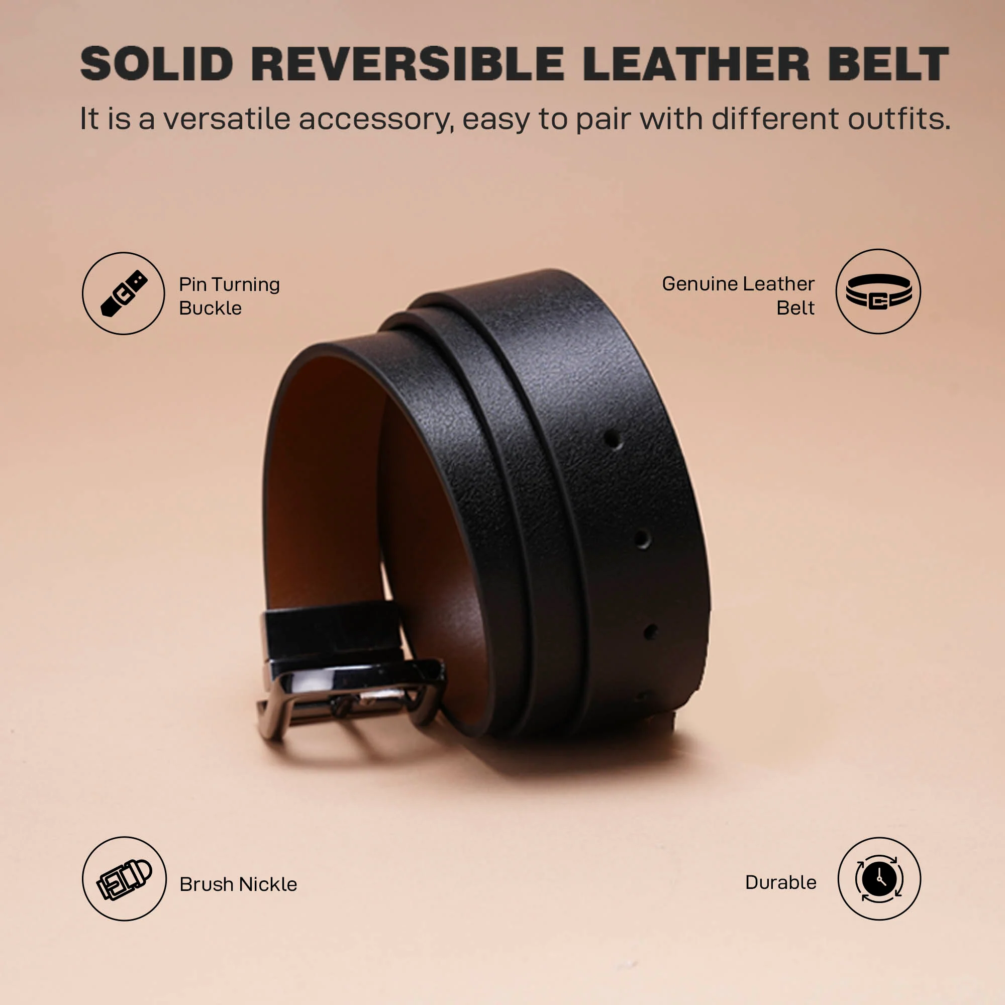 Black Tan Formal leather Belt for Men | Durable Leather Belt | Solid Leather Belt | Reversible - Image 2
