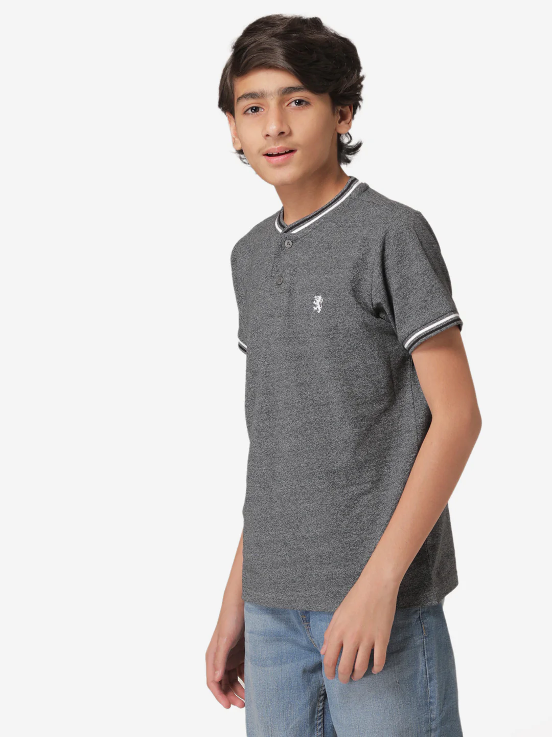 Boy's Dark Grey Melange Henley T-Shirt - Image 2
