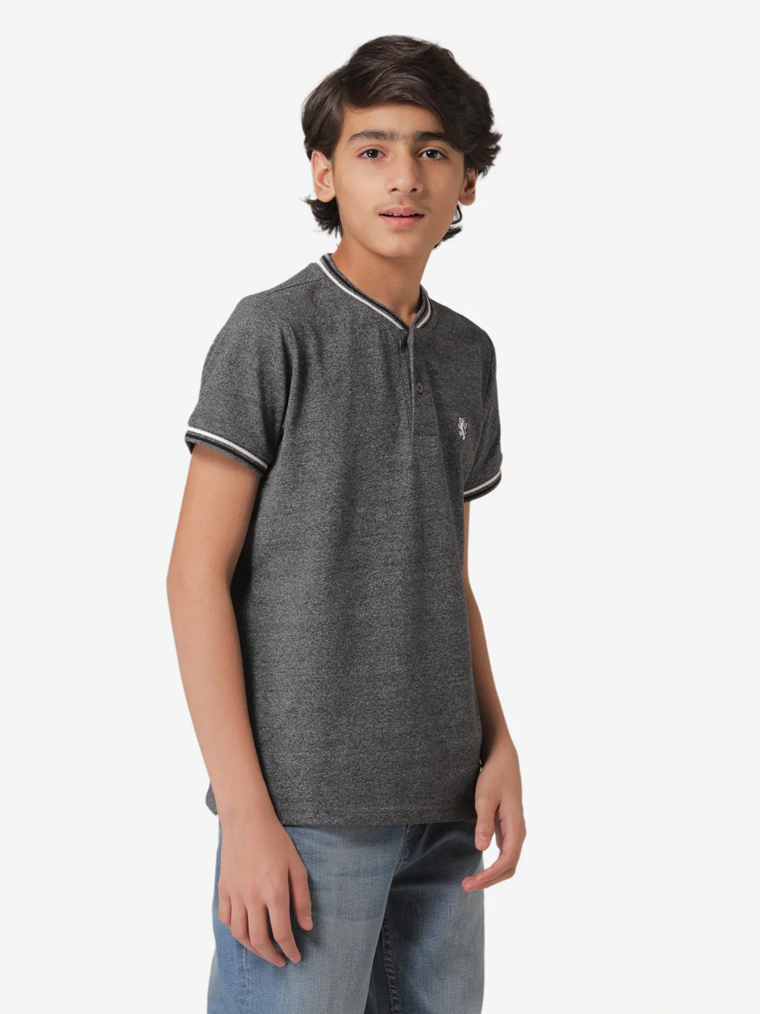 Boy's Dark Grey Melange Henley T-Shirt - Image 3