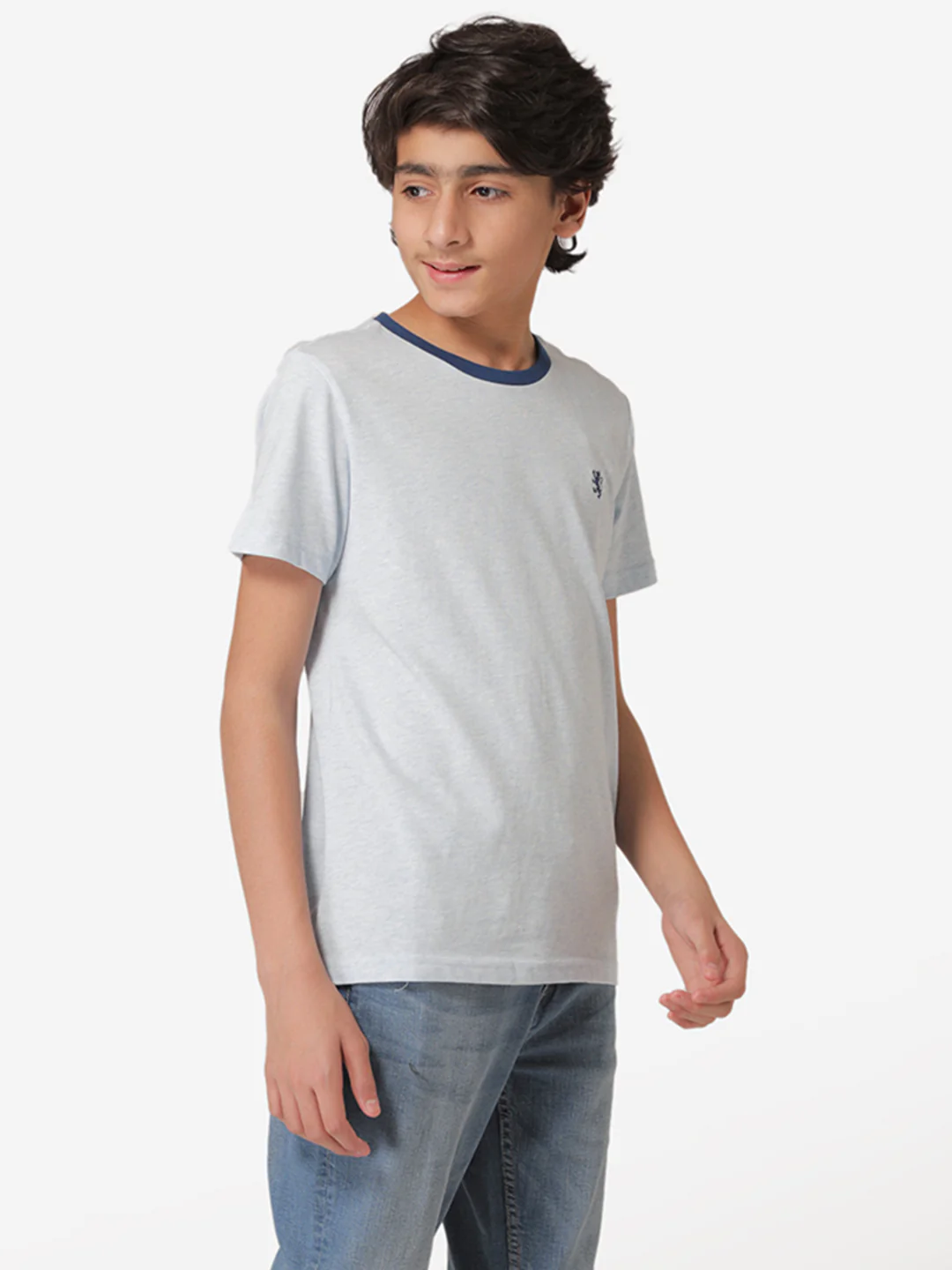 Boy's Light Blue Melange Round Neck T-Shirt - Image 2