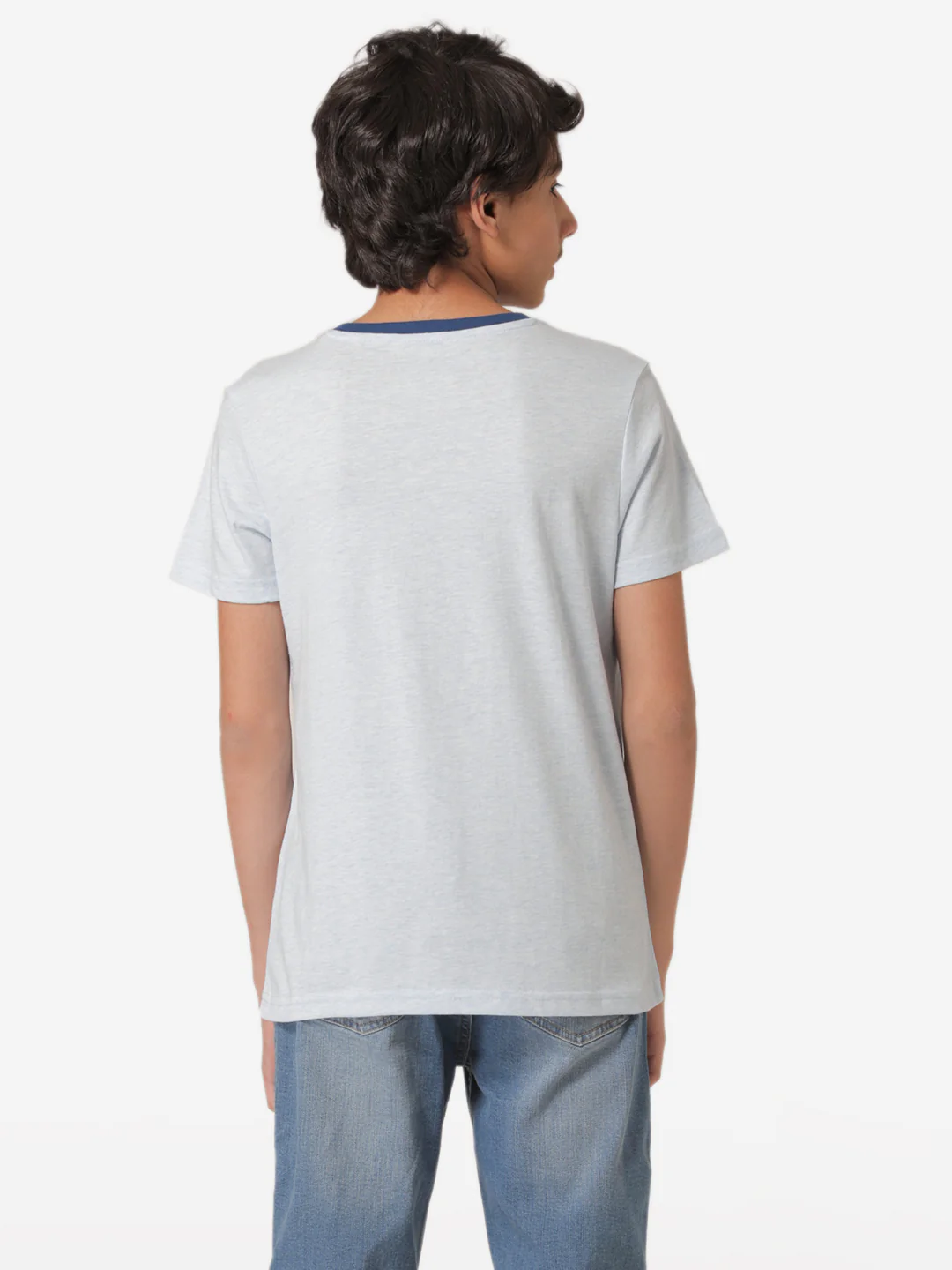 Boy's Light Blue Melange Round Neck T-Shirt - Image 4