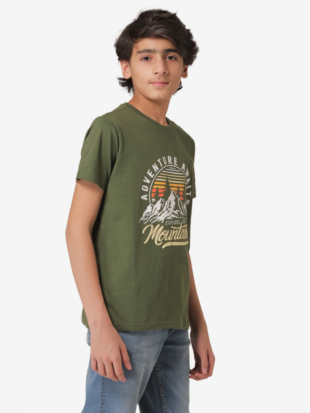 Boy's Olive Round Neck T-Shirt - Image 3