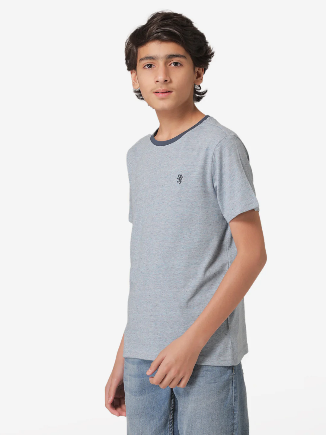 Boy's Slate Blue Melange Round Neck T-Shirt - Image 2