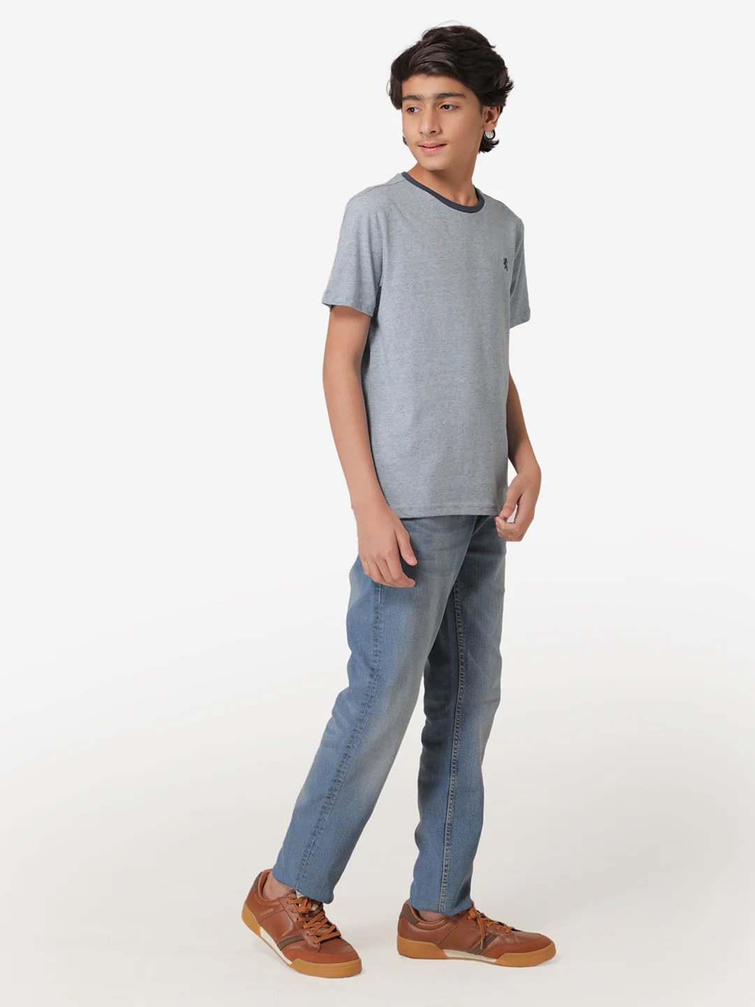 Boy's Slate Blue Melange Round Neck T-Shirt - Image 5