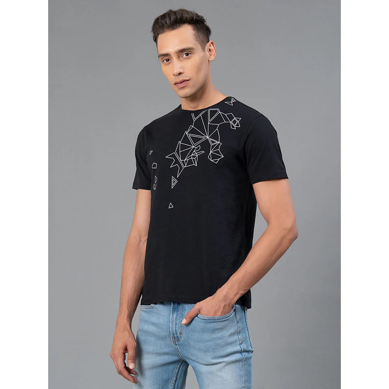 Men's Black Graphic Print Pure Cotton Round Neck T-Shirt - Image 2