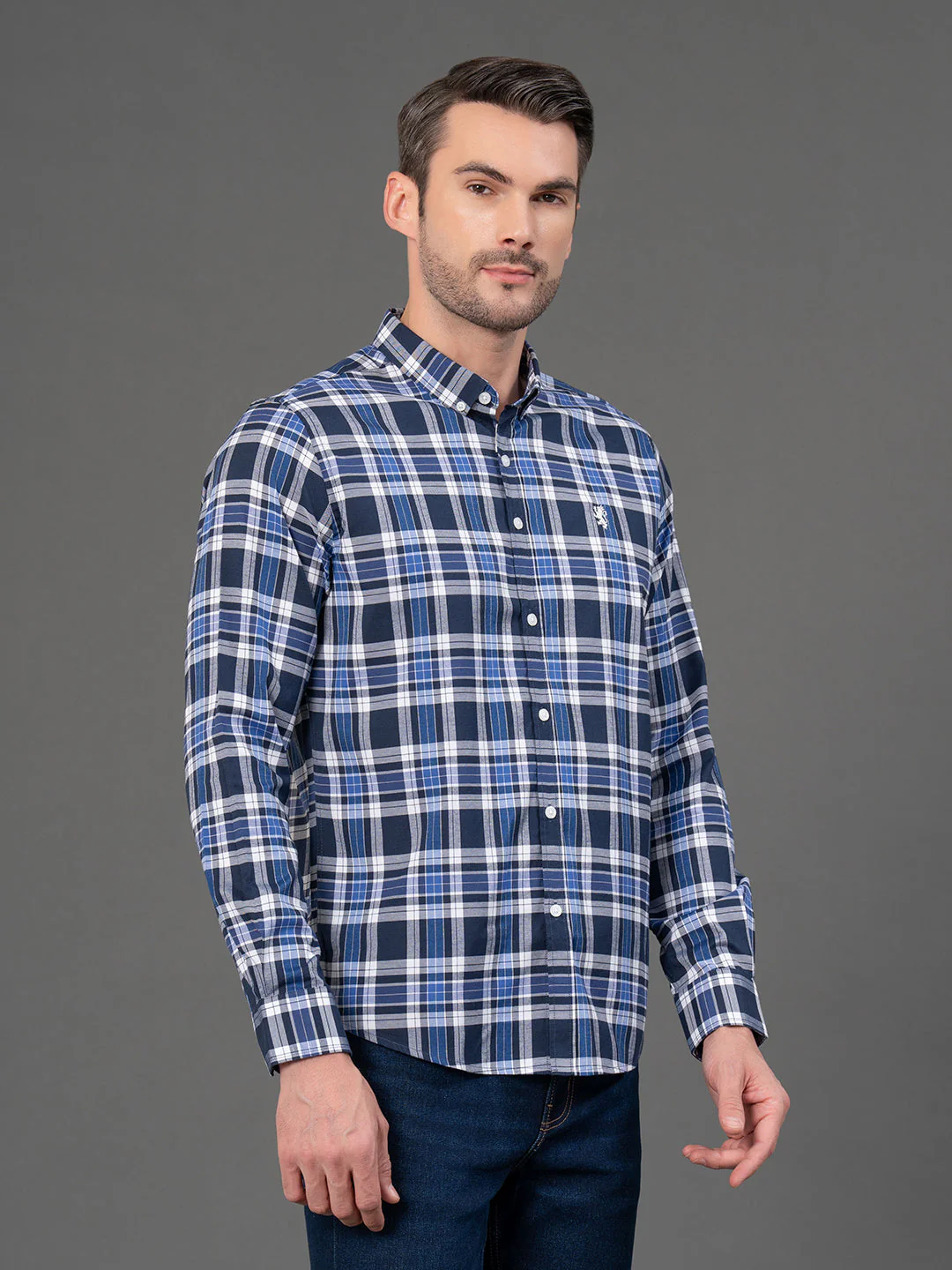 Cobalt Blue Checked Shirt for Men - Image 2