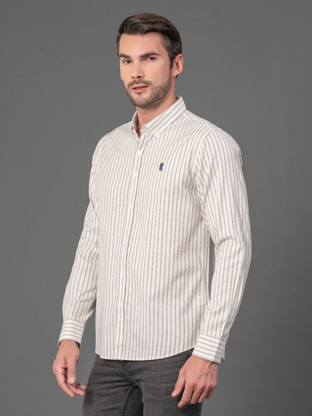 Cream Striped Shirt for Men - Image 2