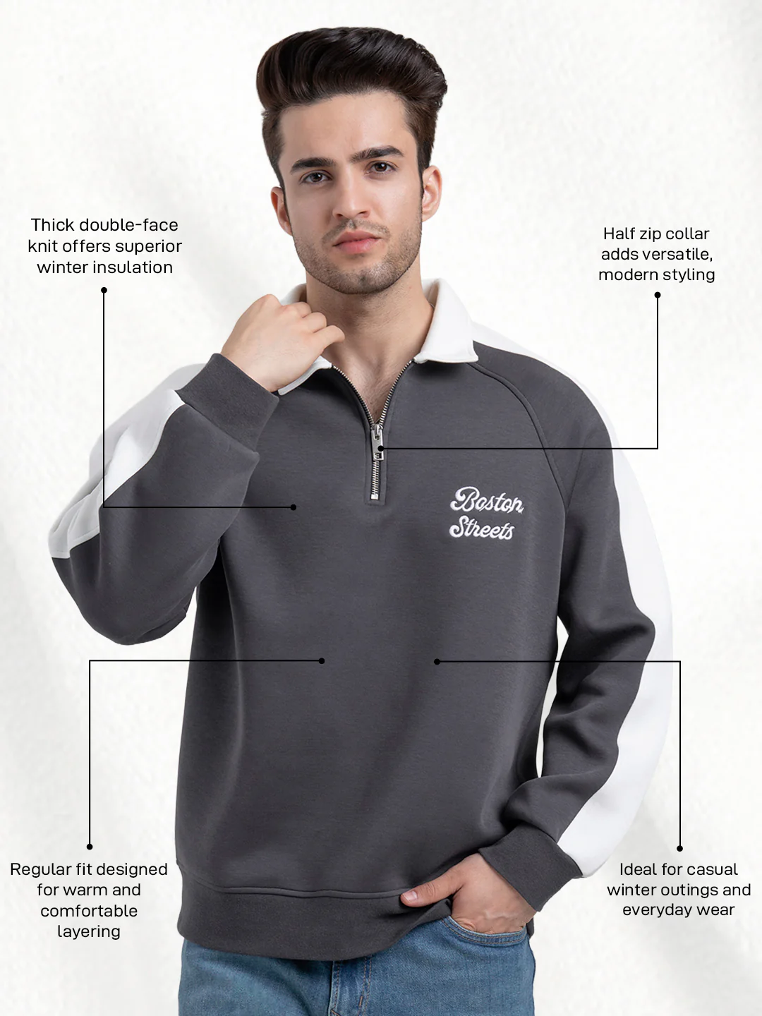 Dark Grey Half Zip Collar Sweatshirt for Men | Men's Sweatshirts for Everyday Style - Image 2