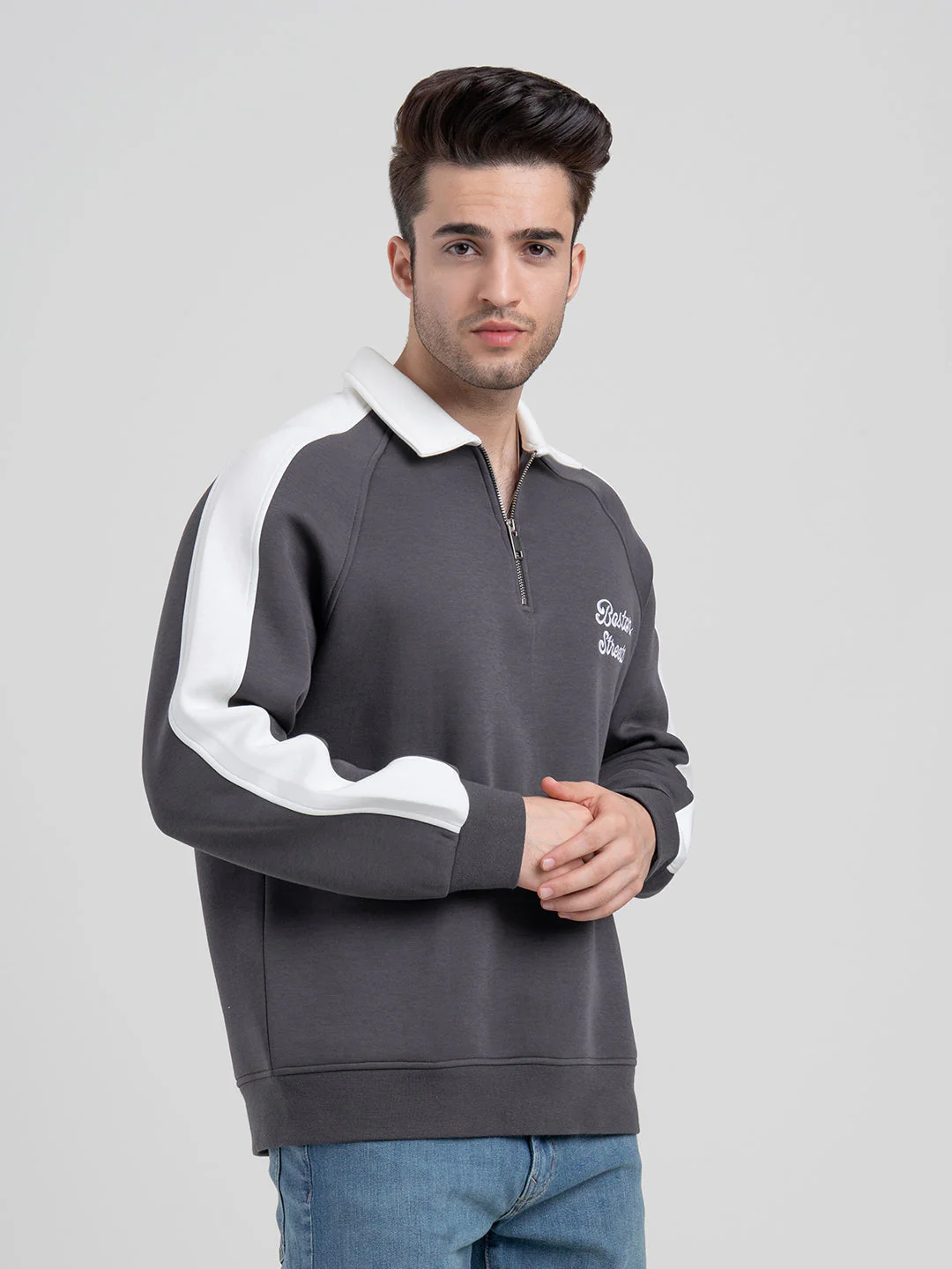 Dark Grey Half Zip Collar Sweatshirt for Men | Men's Sweatshirts for Everyday Style - Image 7