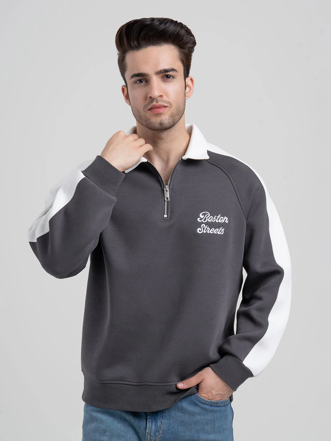 Dark Grey Half Zip Collar Sweatshirt for Men | Men's Sweatshirts for Everyday Style - Image 8