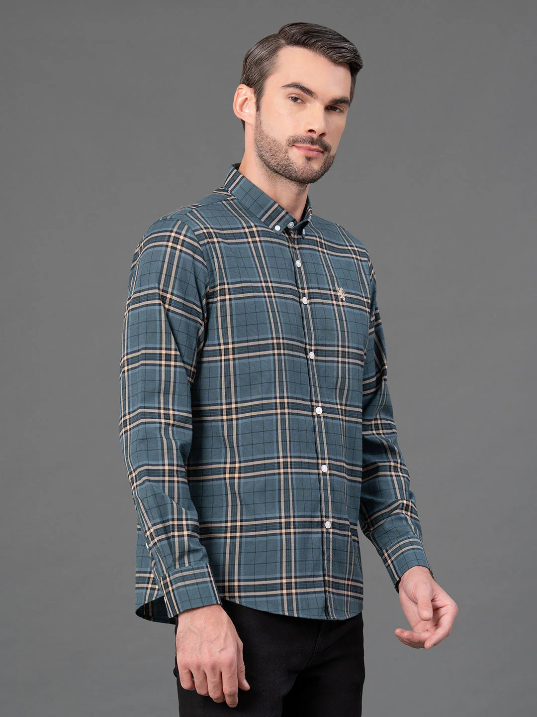 Dark Turquoise Checked Shirt for Men - Image 2