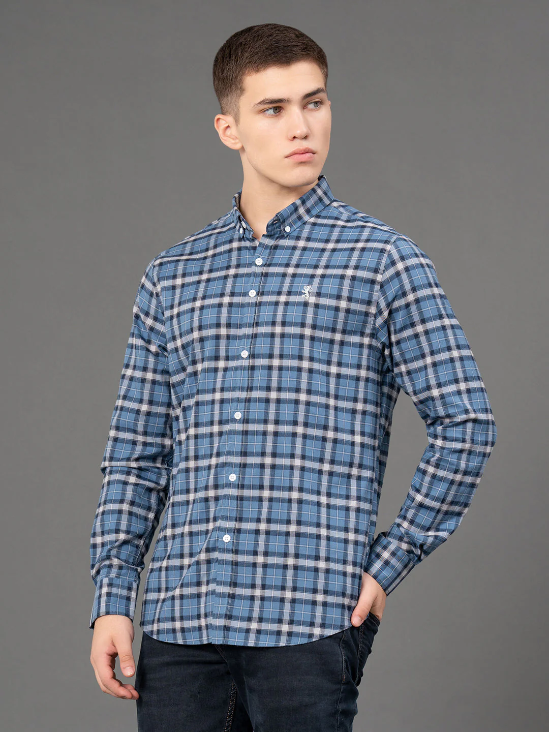 Denim Blue Checked Shirt for Men - Image 2