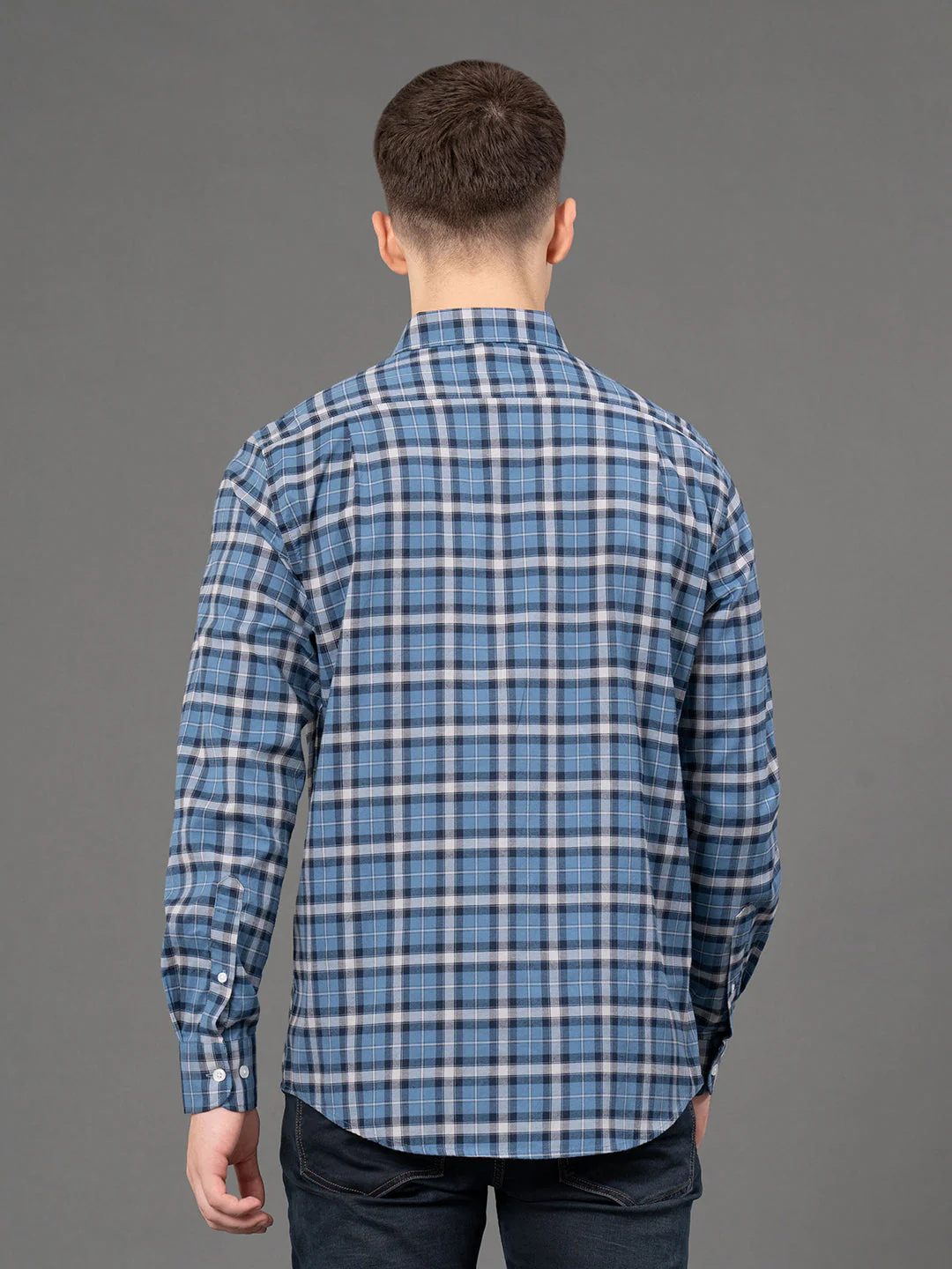 Denim Blue Checked Shirt for Men - Image 3