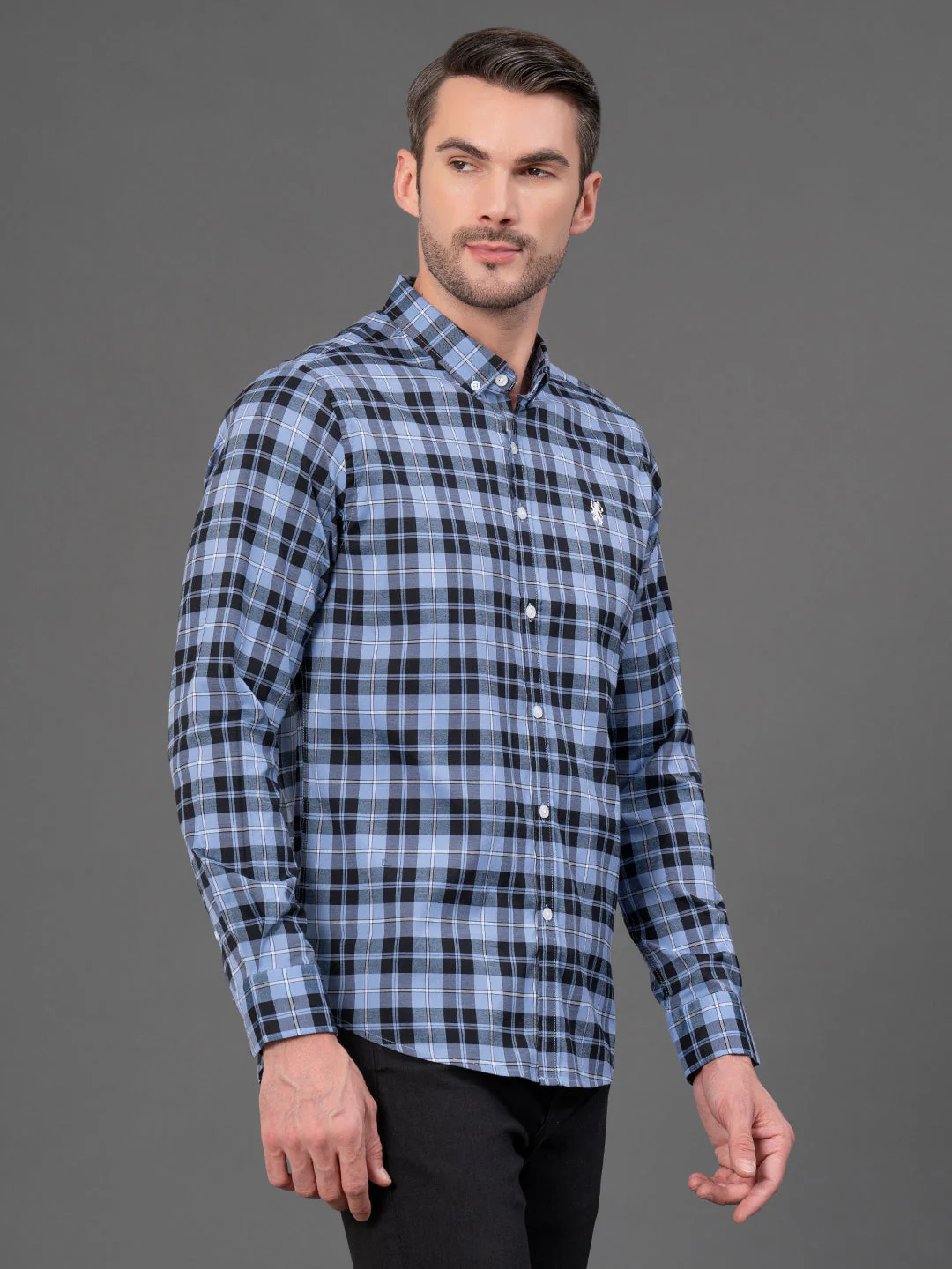 French Blue Checked Shirt for Men - Image 2