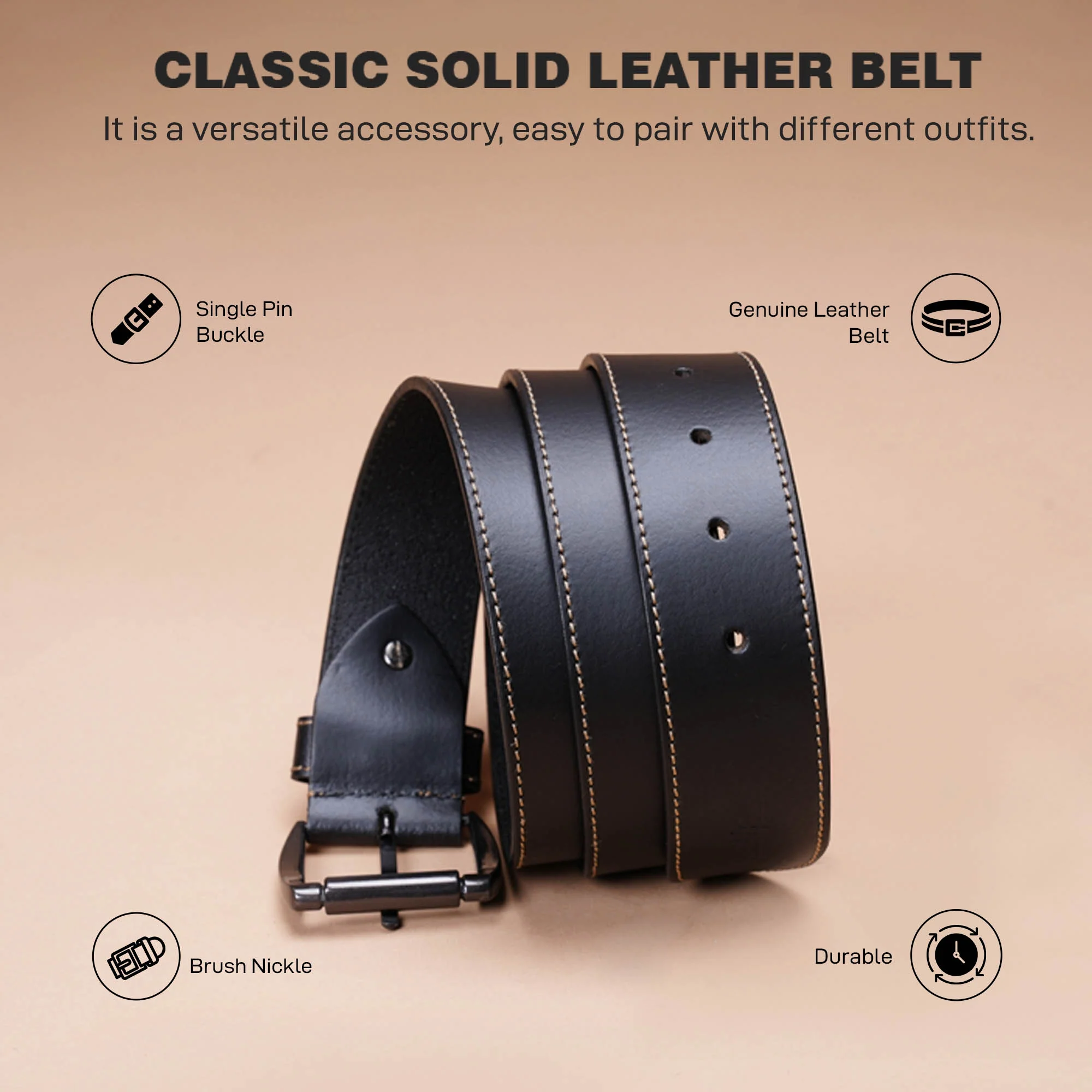 Genuine Black Leather Belt For Men | Solid Leather Belt | Classic and Durable - Image 3