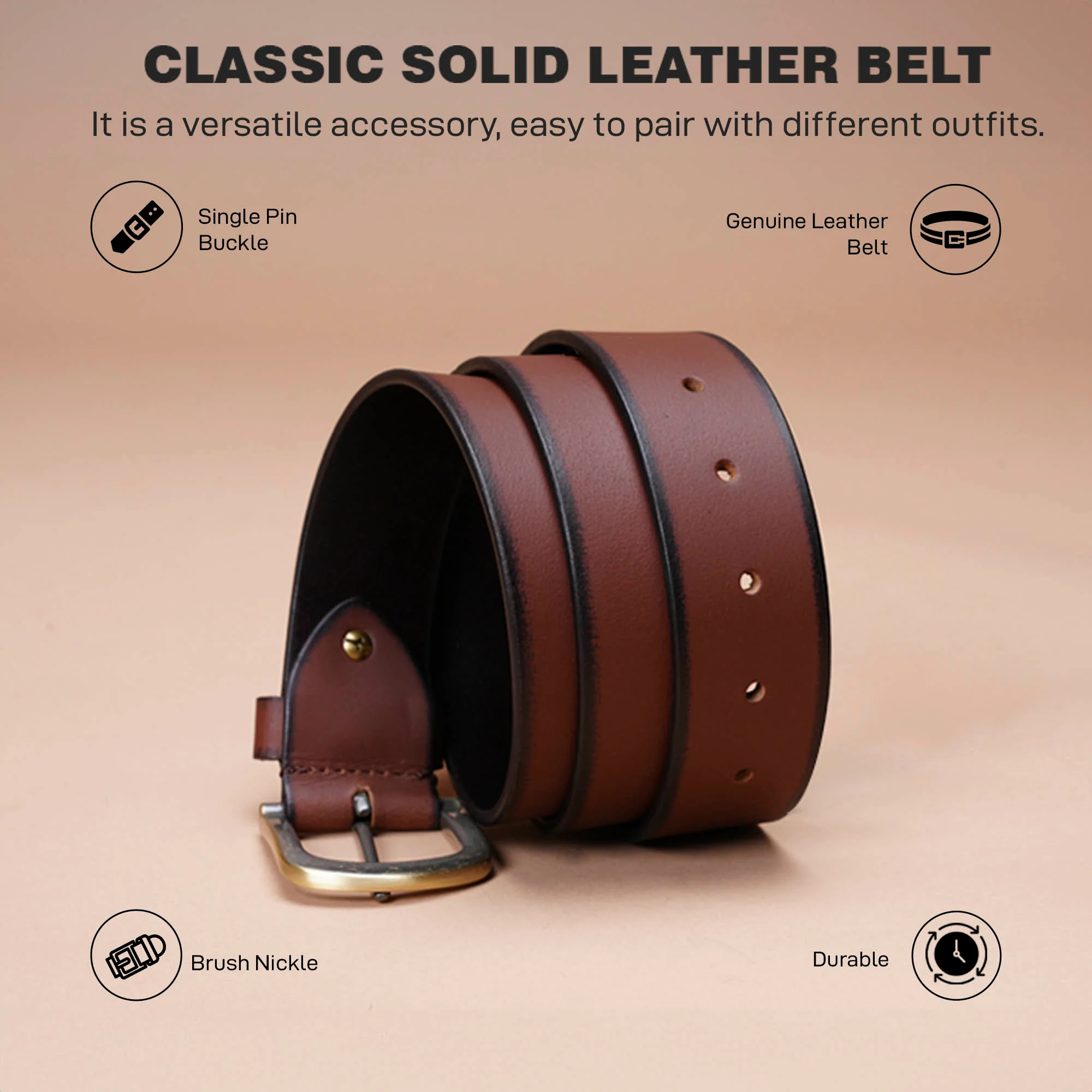 Genuine Brown Leather Belt For Men | Solid Leather Belt | Classic and Durable - Image 3