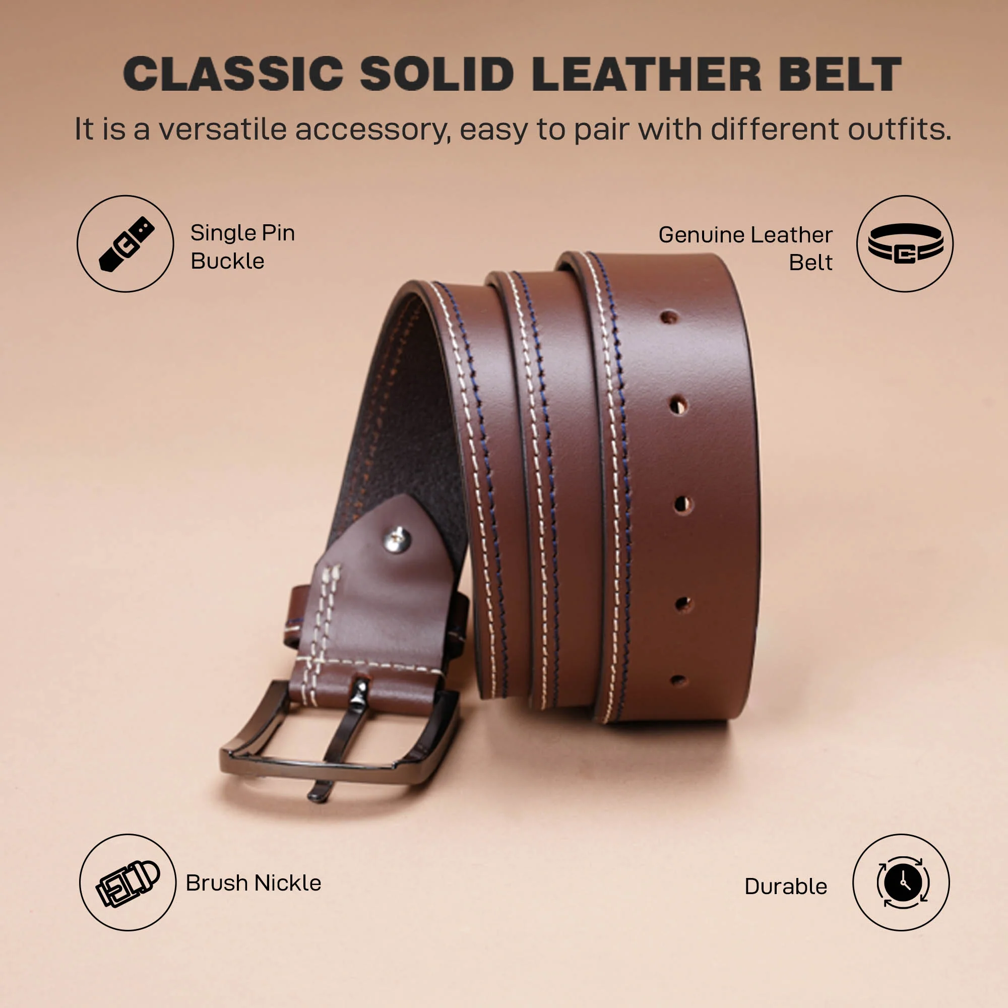 Genuine Brown Leather Belt For Men | Solid Leather Belt | Classic and Durable - Image 3