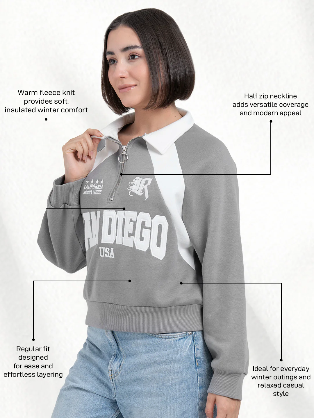 Grey Cut & Sew Half-Zip Sweatshirt for Women | Casual Everyday Comfort - Image 2