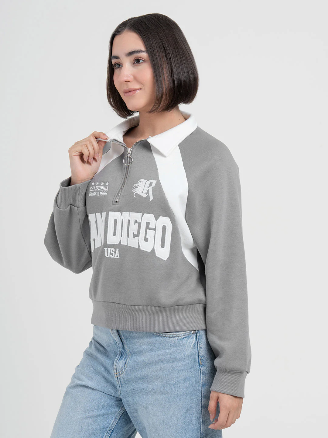 Grey Cut & Sew Half-Zip Sweatshirt for Women | Casual Everyday Comfort - Image 3