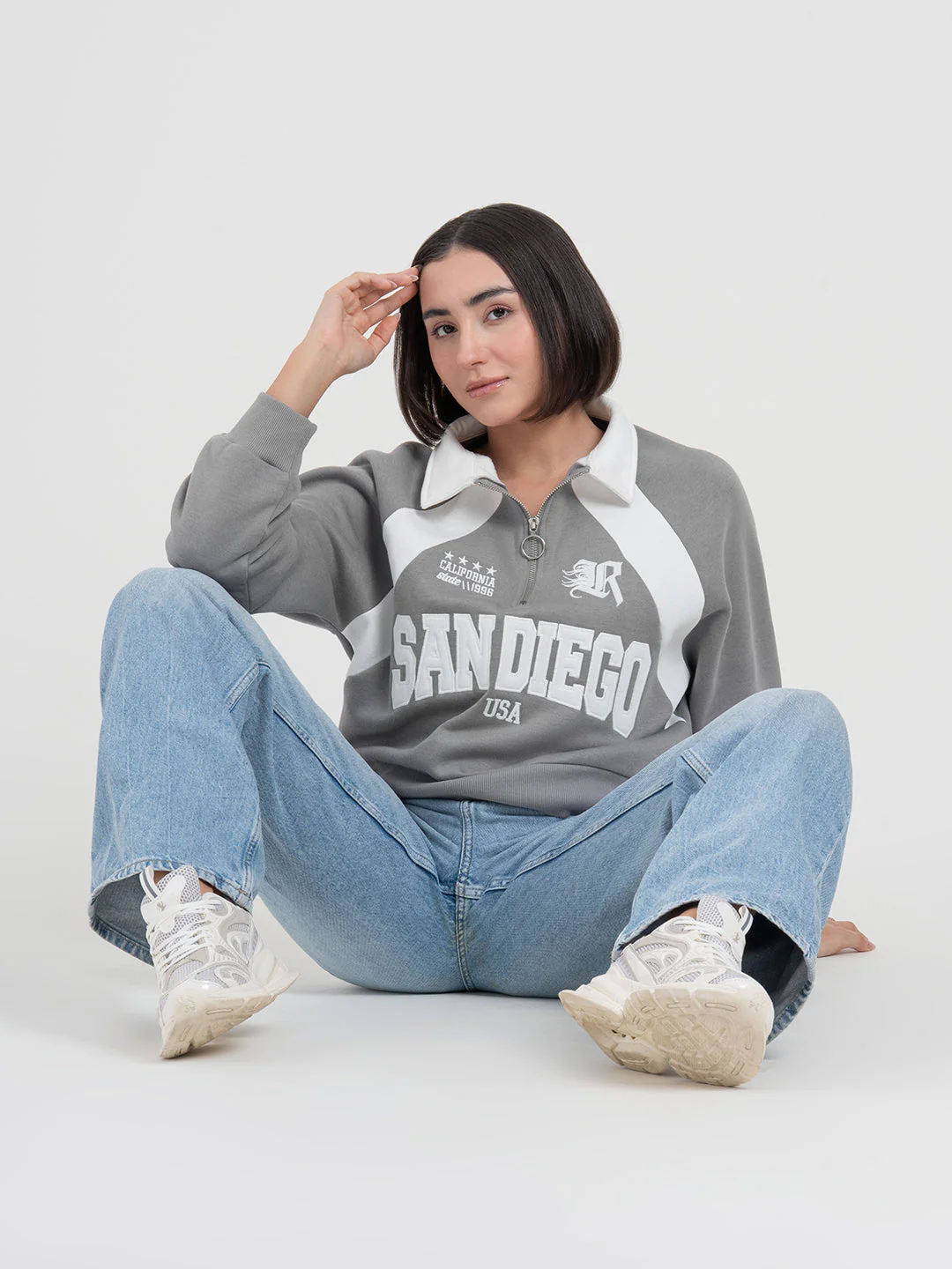 Grey Cut & Sew Half-Zip Sweatshirt for Women | Casual Everyday Comfort - Image 6