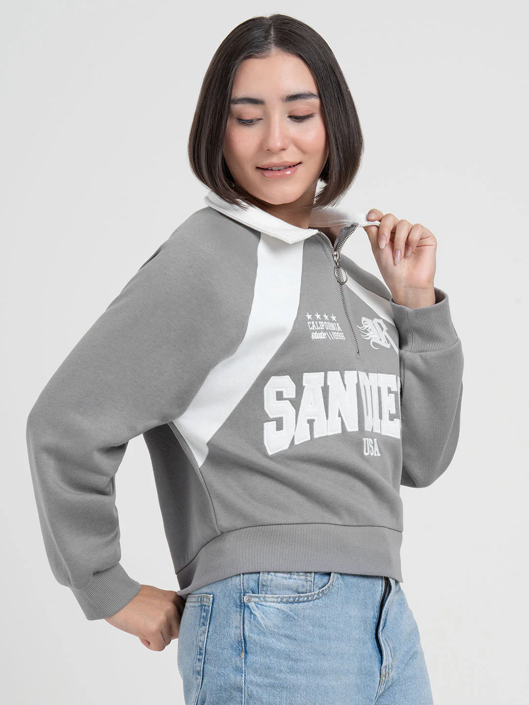 Grey Cut & Sew Half-Zip Sweatshirt for Women | Casual Everyday Comfort - Image 7
