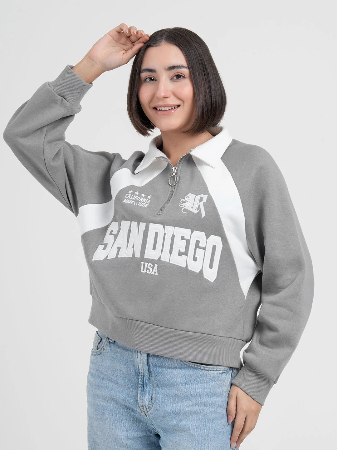 Grey Cut & Sew Half-Zip Sweatshirt for Women | Casual Everyday Comfort - Image 8