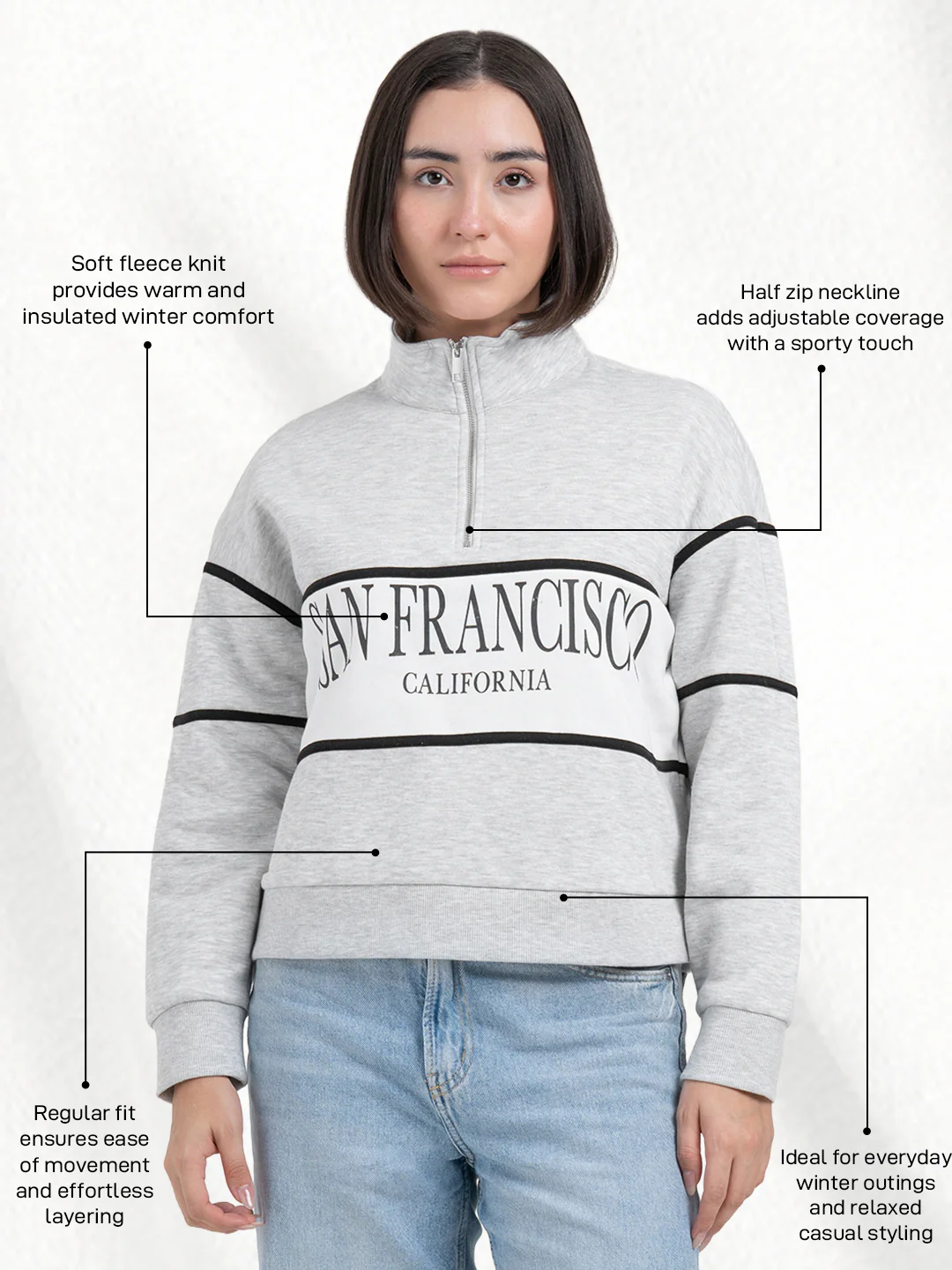 Grey Melange Half-Zip Sweatshirt for Women | Effortless Everyday Style - Image 2