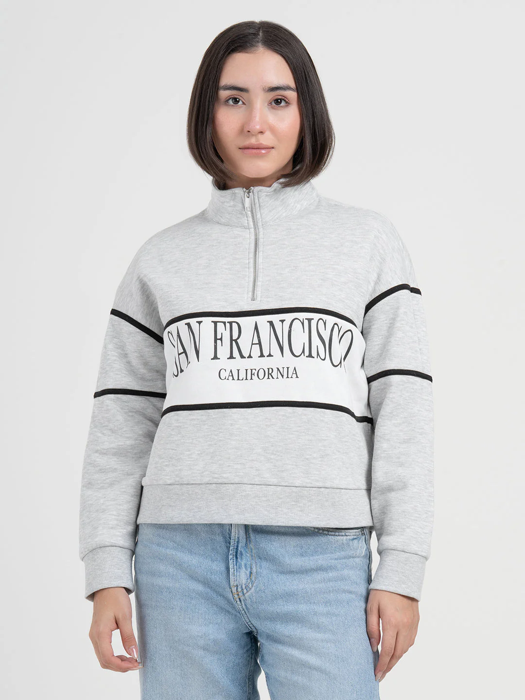 Grey Melange Half-Zip Sweatshirt for Women | Effortless Everyday Style - Image 3