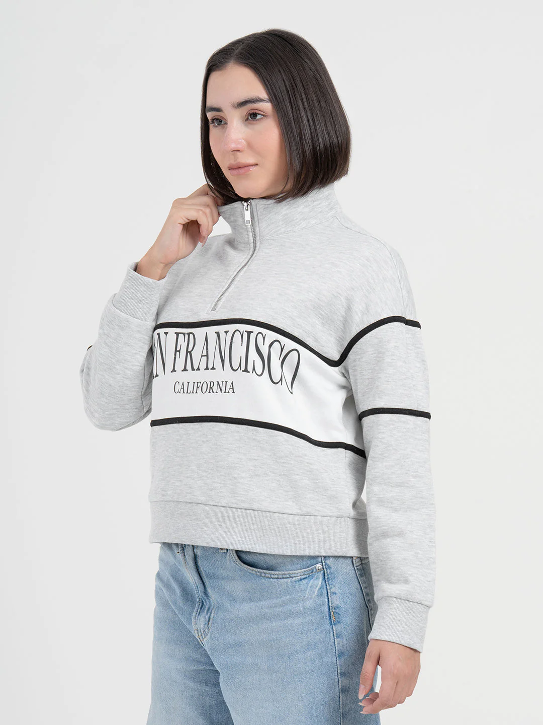 Grey Melange Half-Zip Sweatshirt for Women | Effortless Everyday Style - Image 4