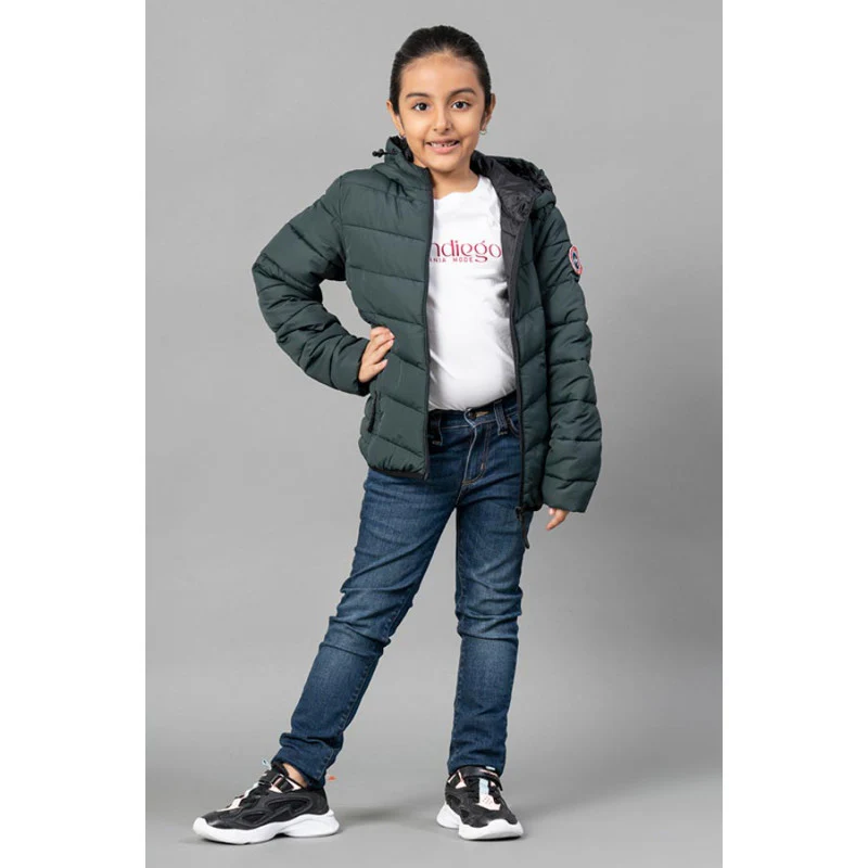 Kids Unisex Dark Green Padded Jacket - Image 2