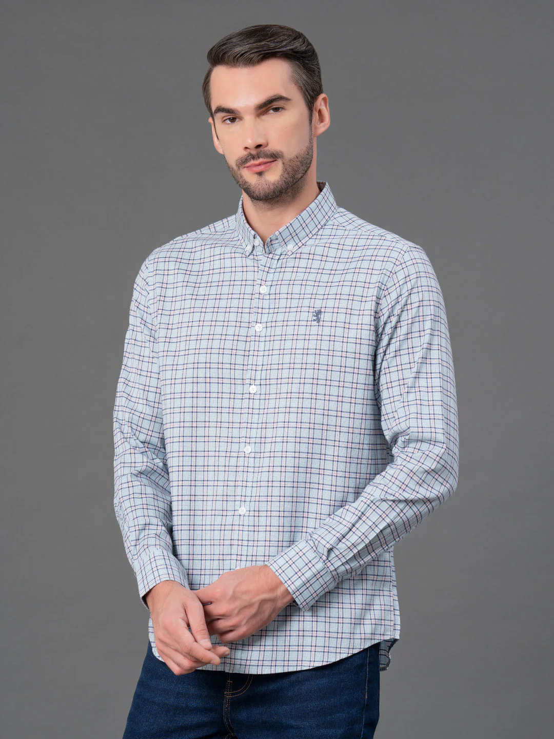 Light Aqua Checked Shirt for Men - Image 2