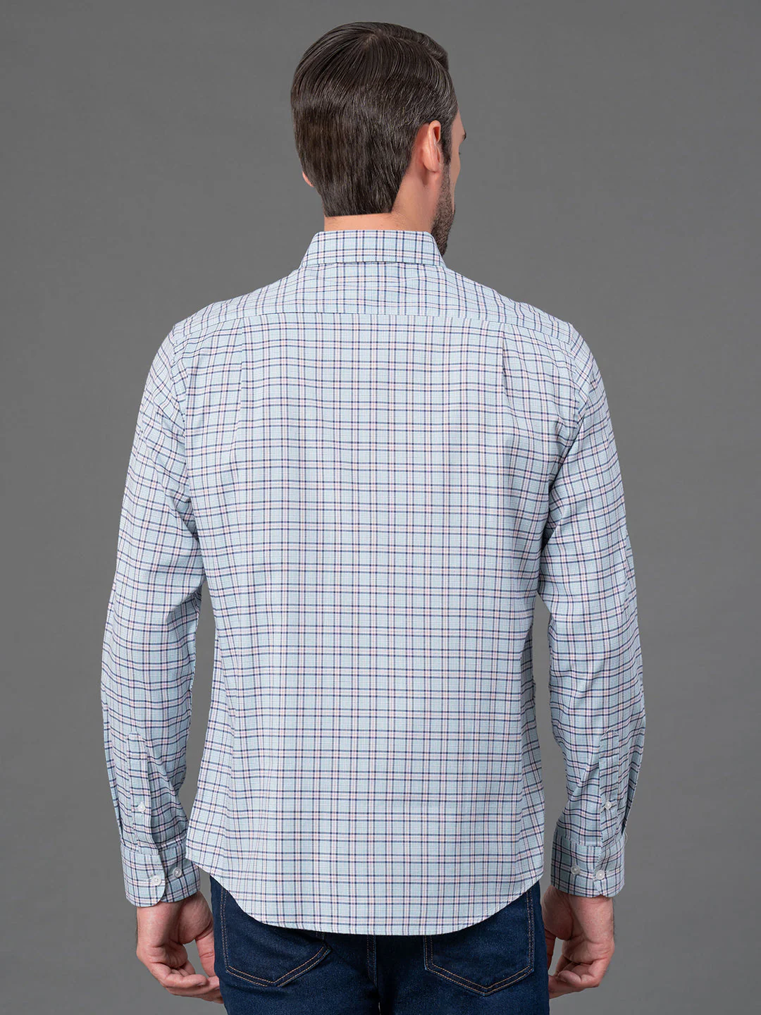 Light Aqua Checked Shirt for Men - Image 3
