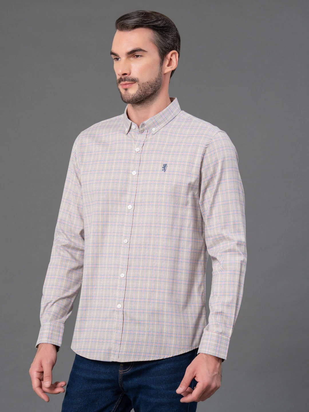 Light Khaki Checked Shirt for Men - Image 2