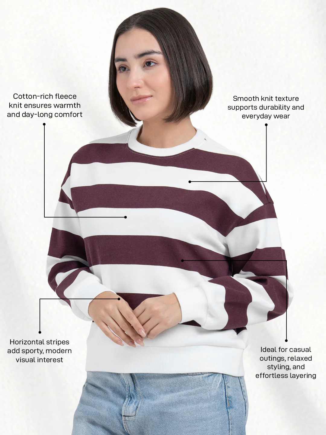 Maroon White Striped Sweatshirt for Women | Modern Winter Everyday Comfort - Image 2