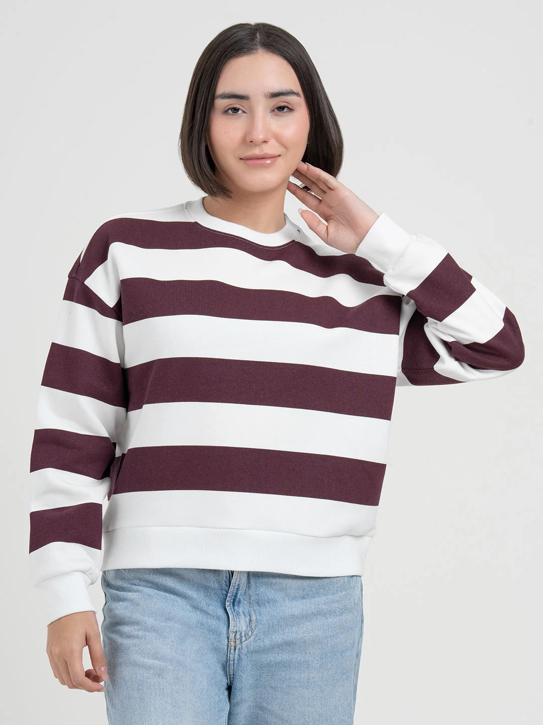Maroon White Striped Sweatshirt for Women | Modern Winter Everyday Comfort - Image 3