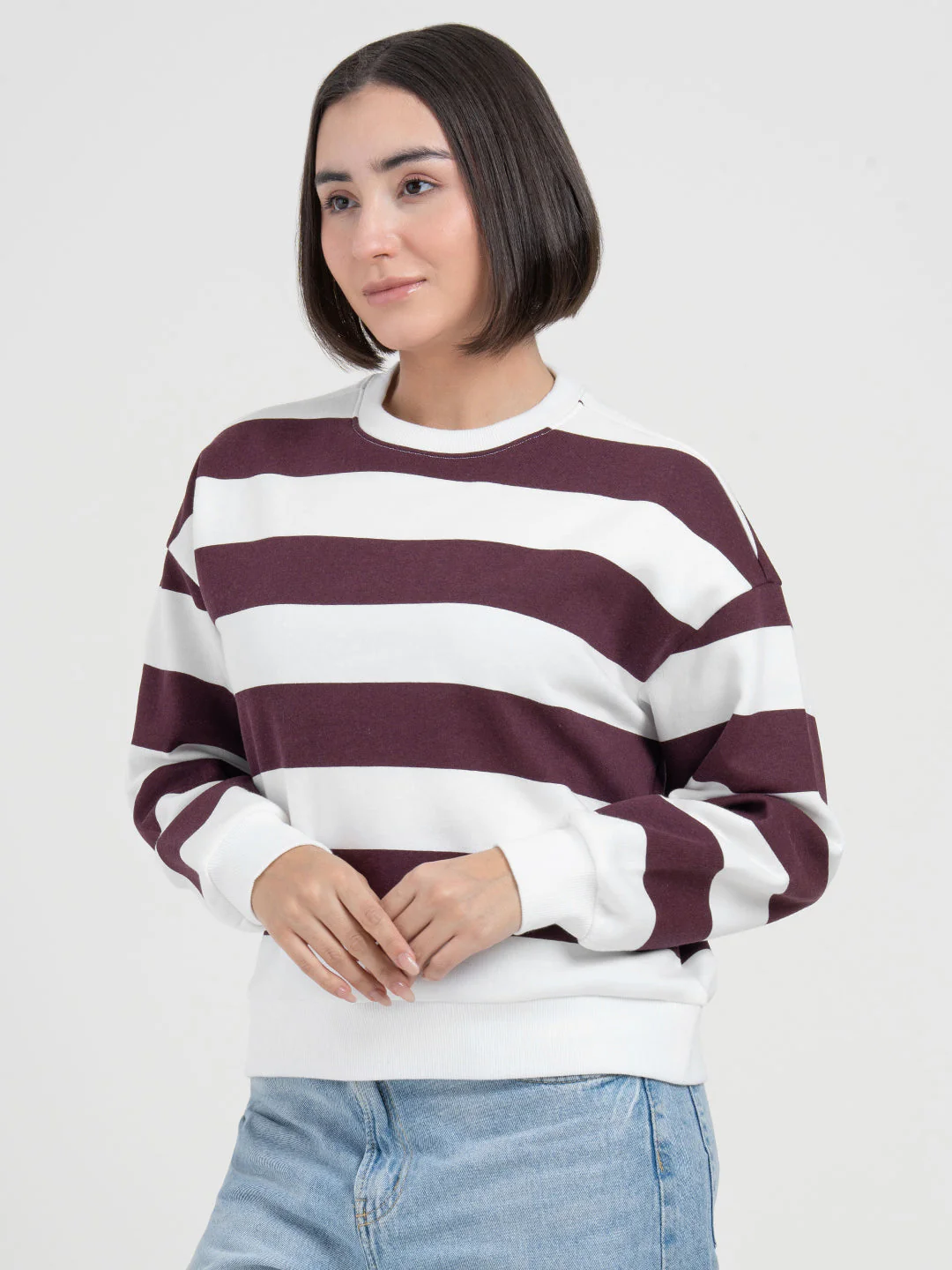 Maroon White Striped Sweatshirt for Women | Modern Winter Everyday Comfort - Image 4