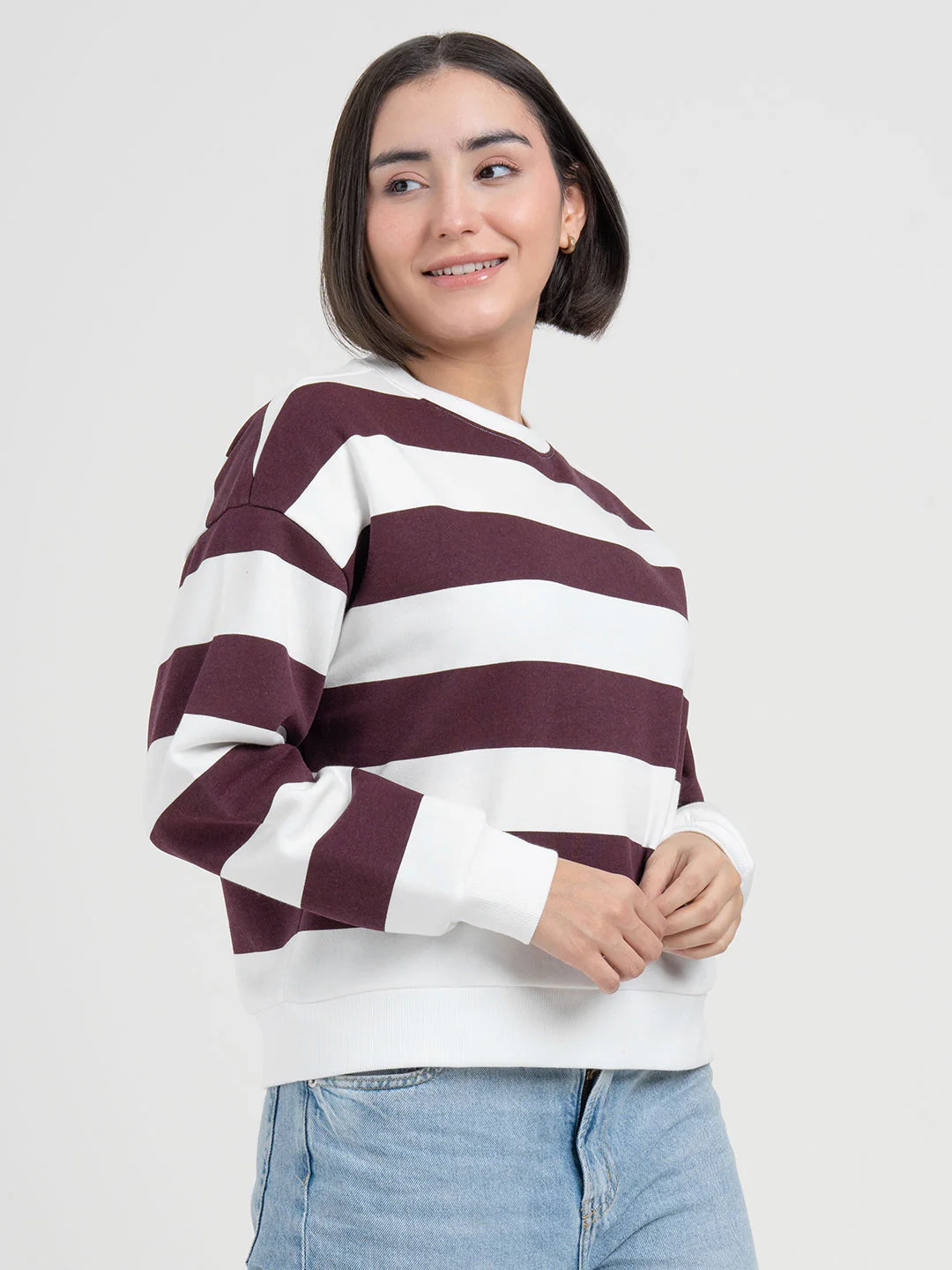 Maroon White Striped Sweatshirt for Women | Modern Winter Everyday Comfort - Image 7