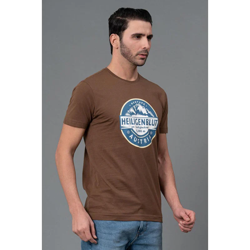 Men Casual Round Neck Brown T-Shirt - Image 2