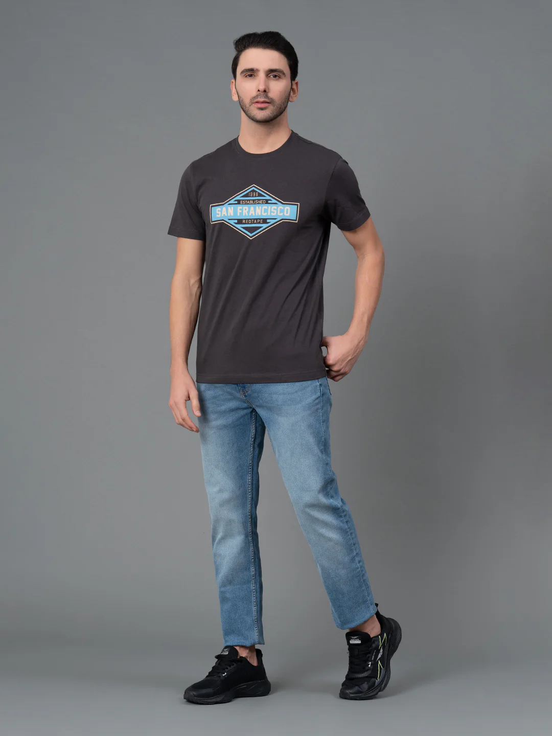 Men Casual Round Neck Space Grey T-Shirt - Image 5