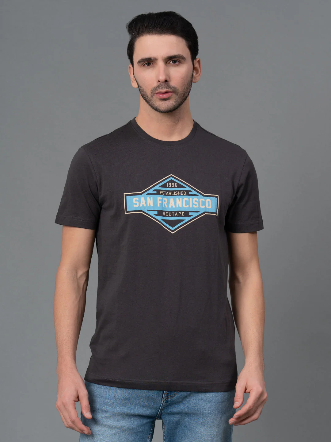 Men Casual Round Neck Space Grey T-Shirt - Image 6