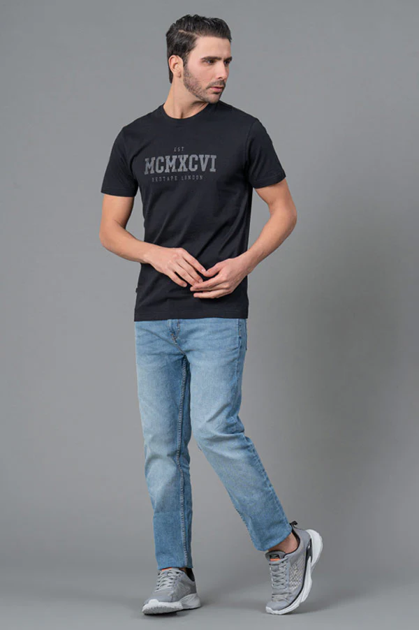 Men Round Neck Black T-Shirt - Image 4