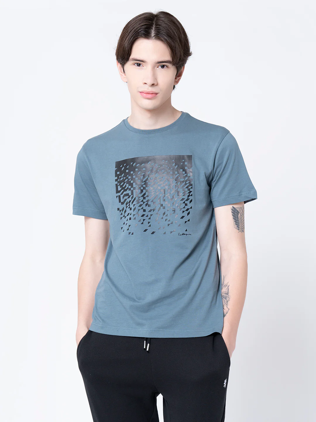 Men Turquoise Blue Graphic Print T-Shirt - Image 2