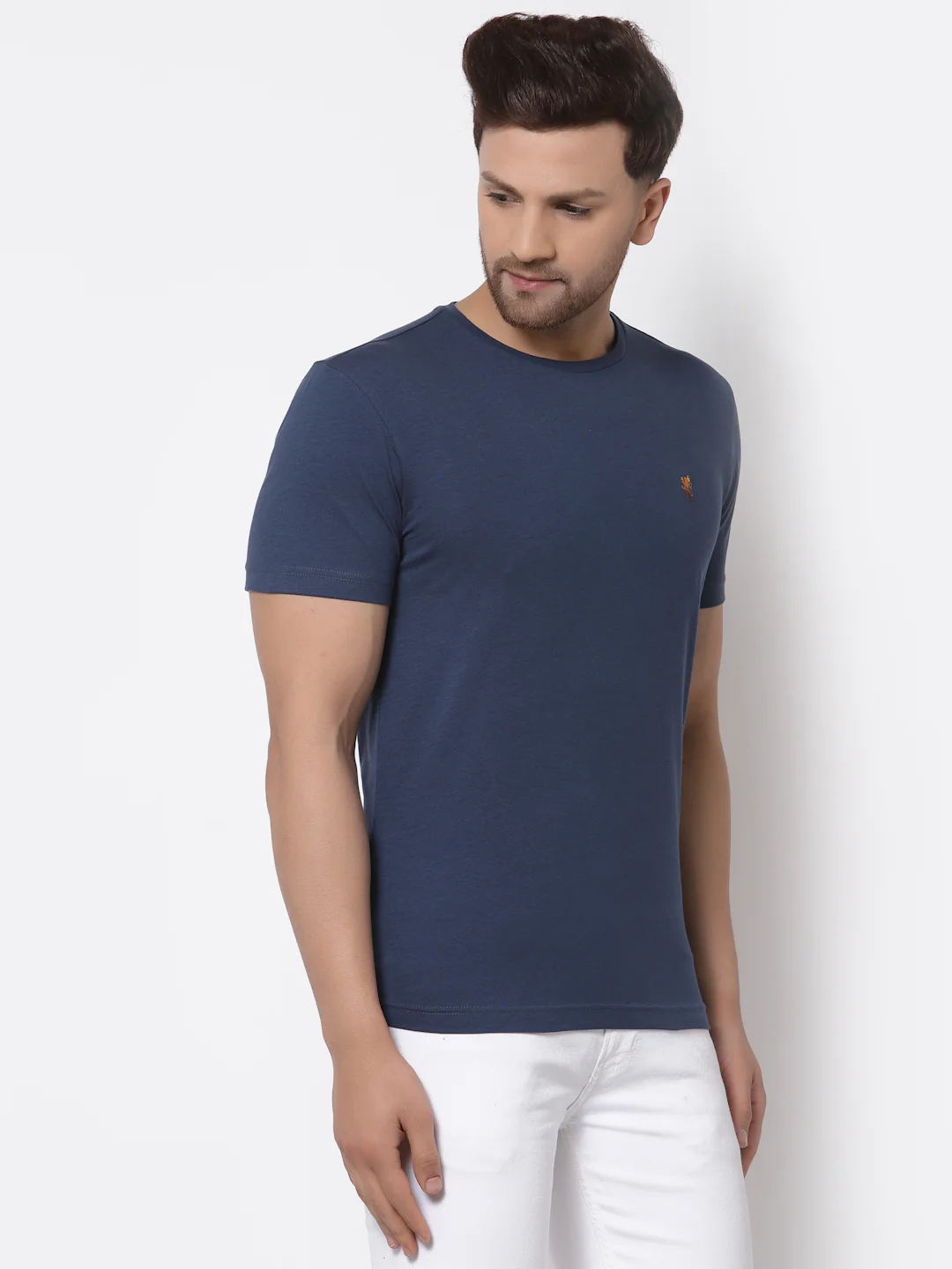 Men Airforce Blue Solid T-Shirt - Image 3