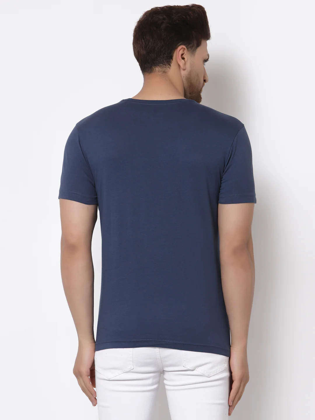 Men Airforce Blue Solid T-Shirt - Image 4