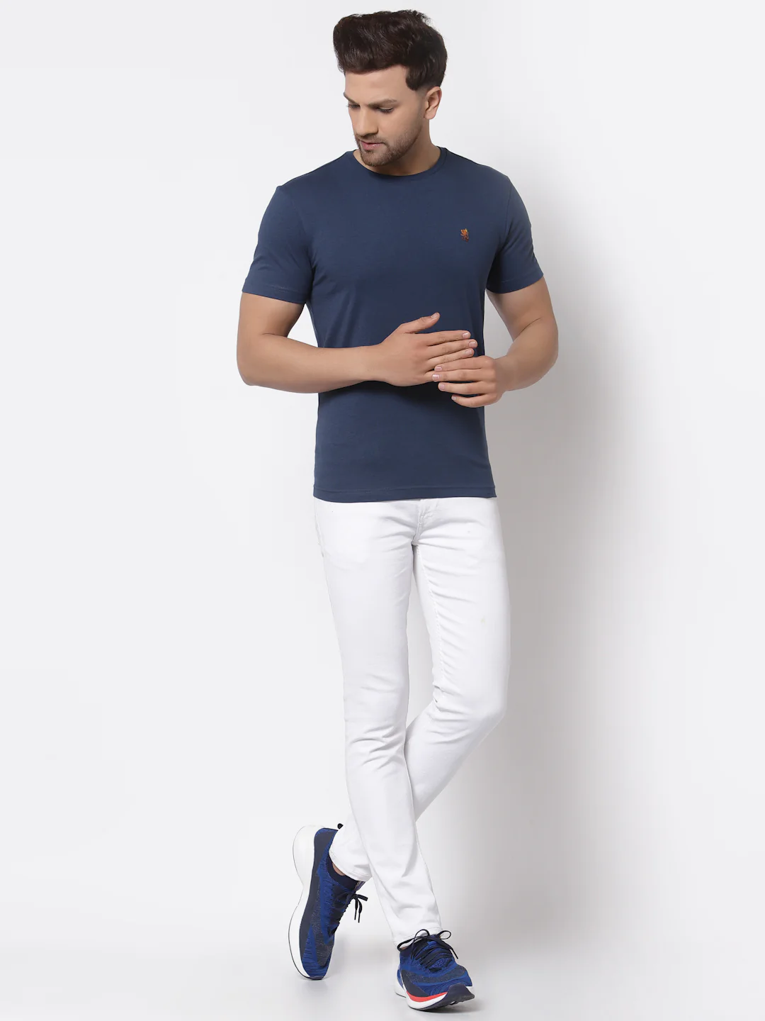 Men Airforce Blue Solid T-Shirt - Image 5