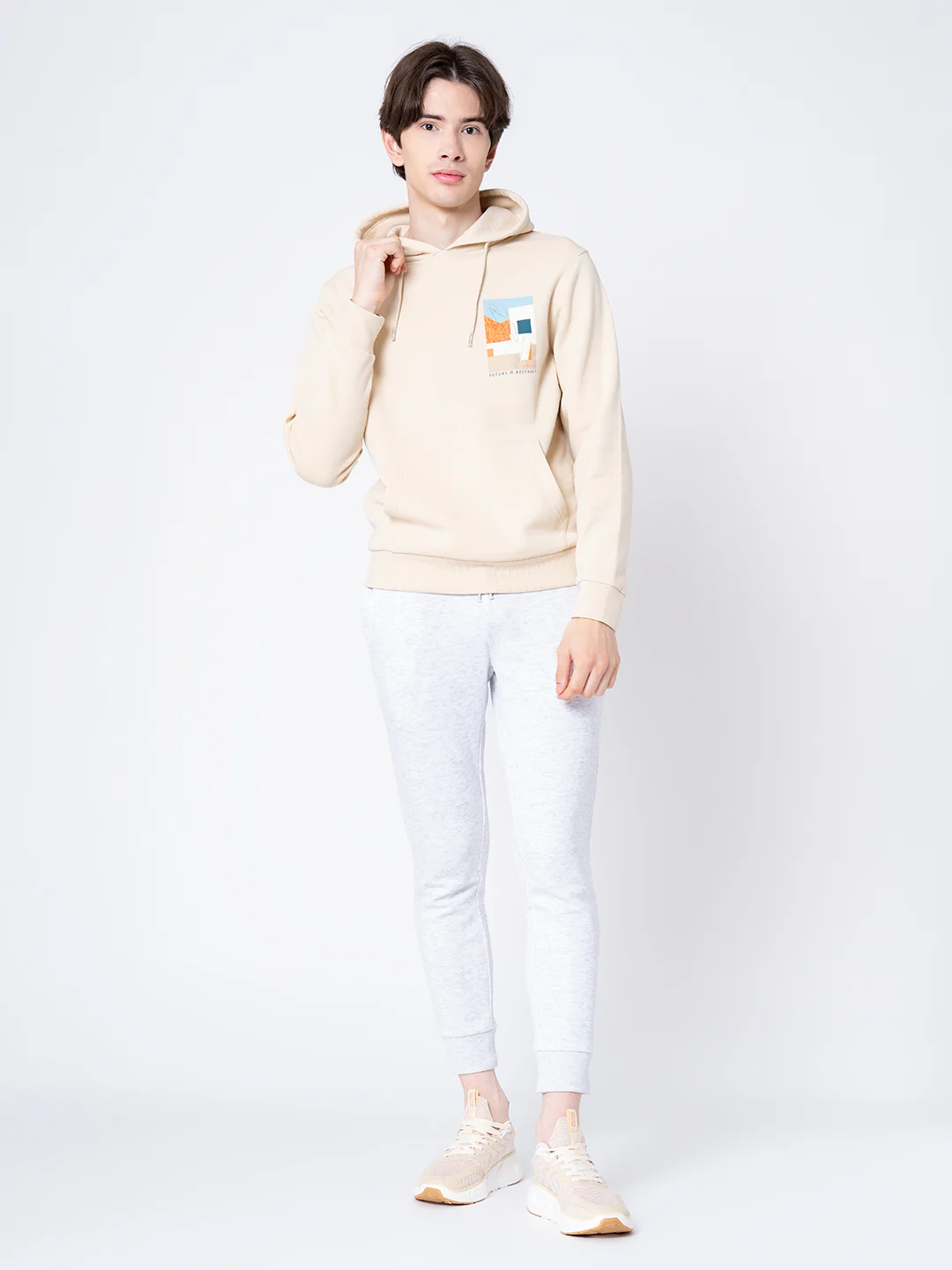 Men's Beige Graphic Print Hoodie - Image 5