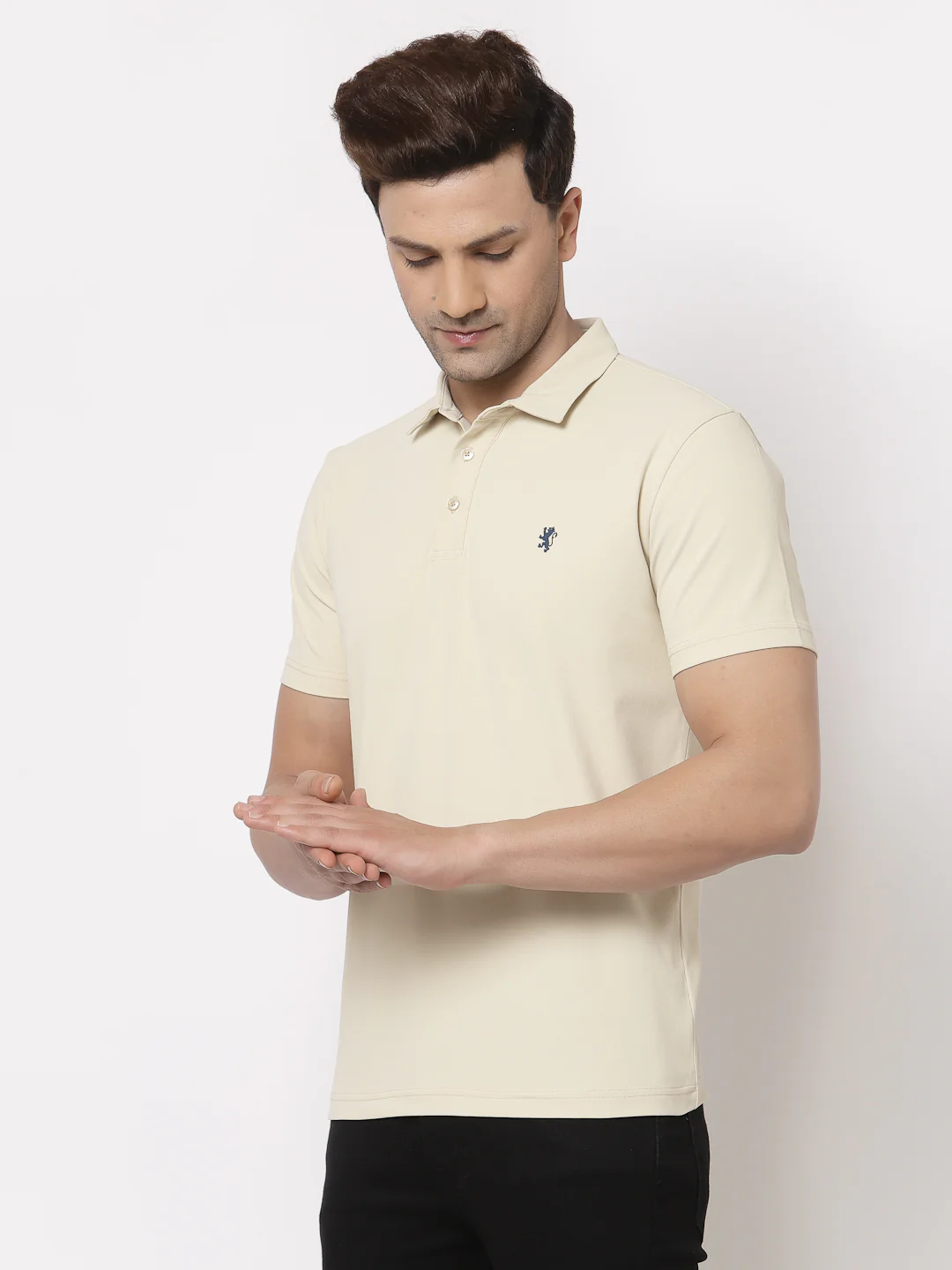 Men Beige Polo Neck T-Shirt - Image 3