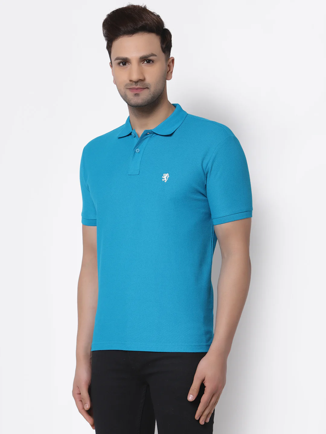 Men's Blue Solid Polo Collar Pure Cotton T-Shirt - Image 2