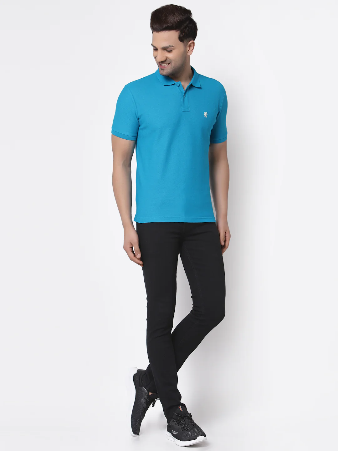 Men's Blue Solid Polo Collar Pure Cotton T-Shirt - Image 4
