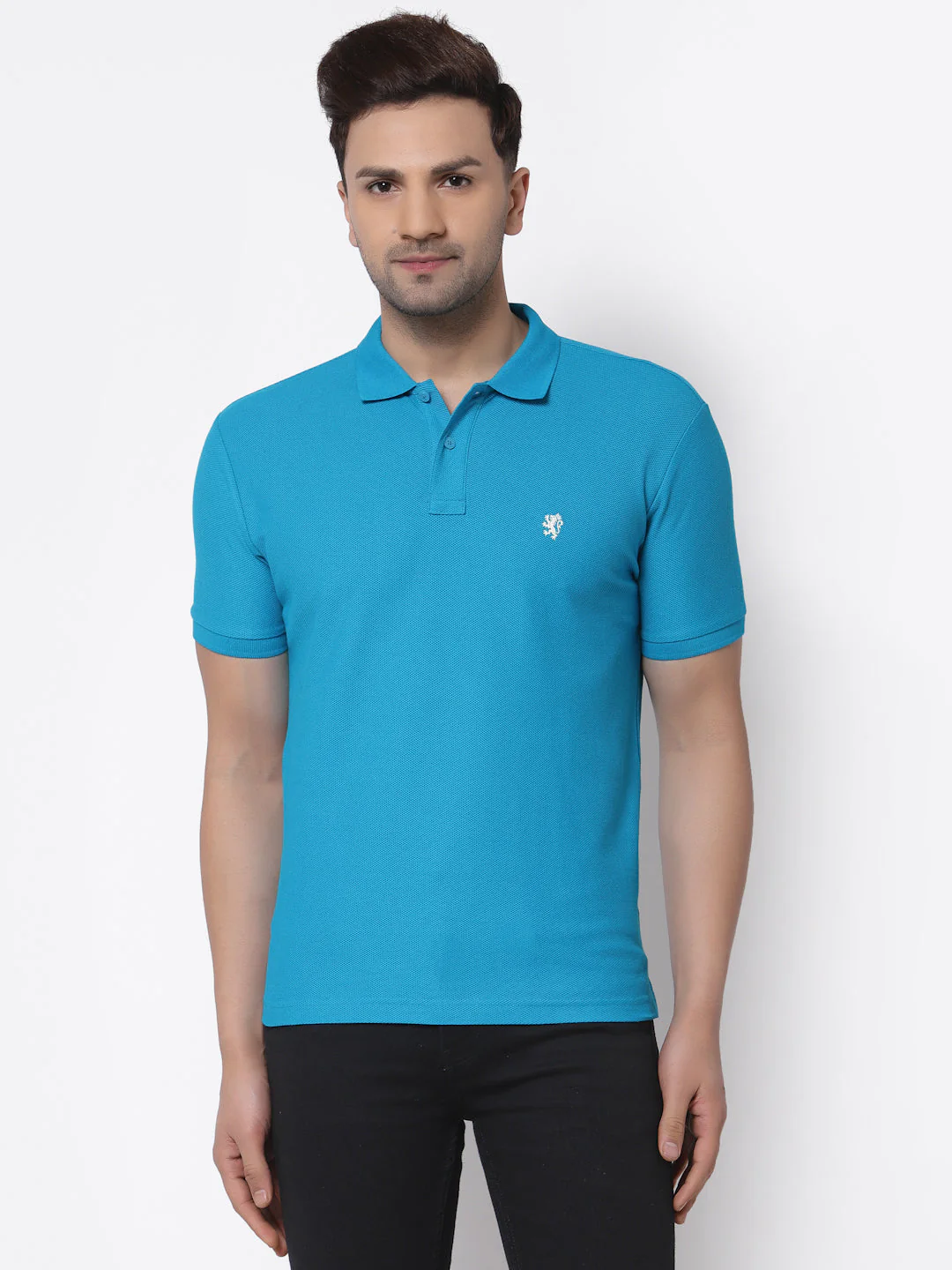 Men's Blue Solid Polo Collar Pure Cotton T-Shirt - Image 6